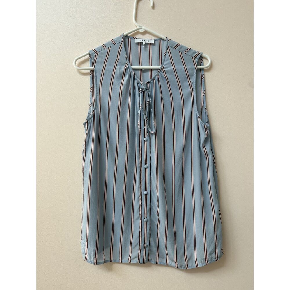 FRAME 100% Silk Striped Sleeveless Top Light Blue & Red M